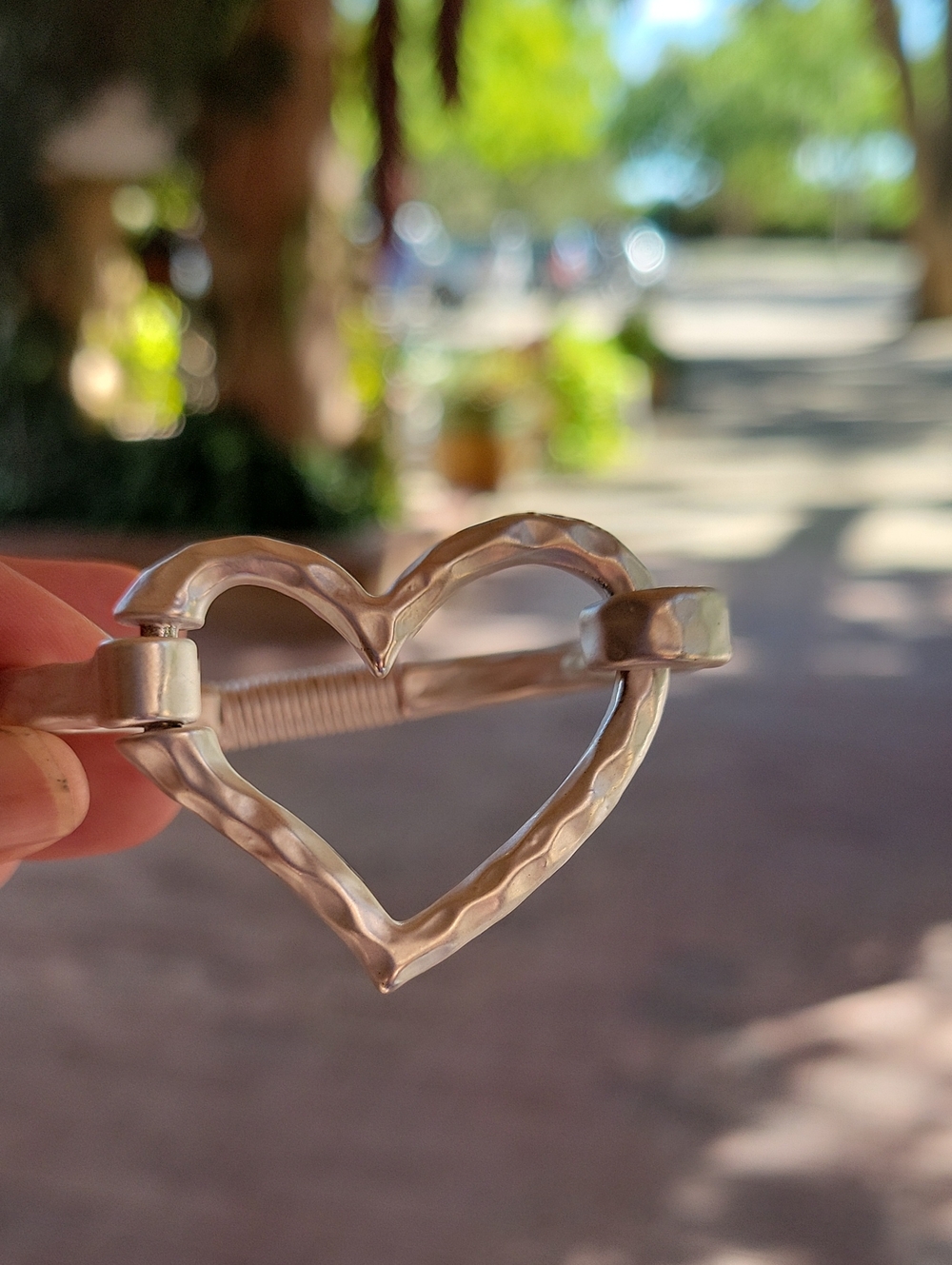 Hammered Heart Bangle Bracelet - Silver Tone